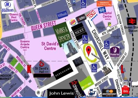 Location map showing how to find City Marshall massage cardiff - quaker meeting house cardiff city centre