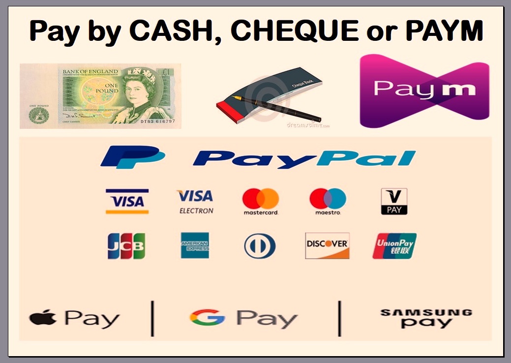 payment accepted in cash, cheque, check, paym, pay-m and Barclays Pingit. There is a 3.5% fee on all card payments