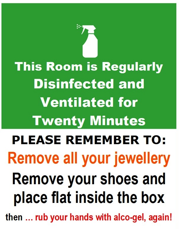 poster explaining that our Cardiff Massage room is disinfected between clients, sterilised and  all Health and Safety measures taken during the COVID-19 coronavirus epidemic