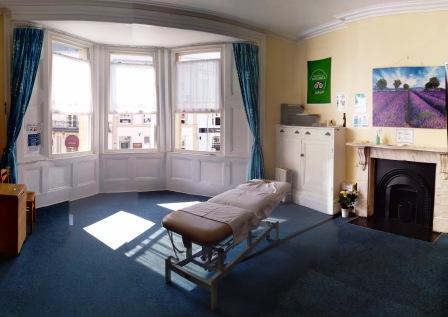 Cardiff massage clinic room panoramic view of bay windows