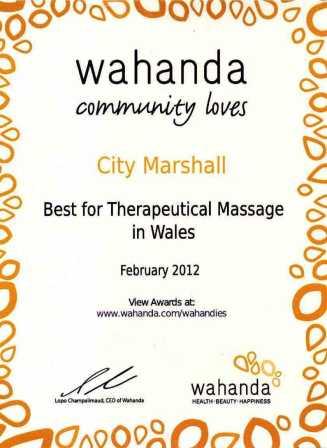certificate showing City Marshall was voted best therapeutic massage therapist in Wales by Wahanda in World Spa Awards in February 2012